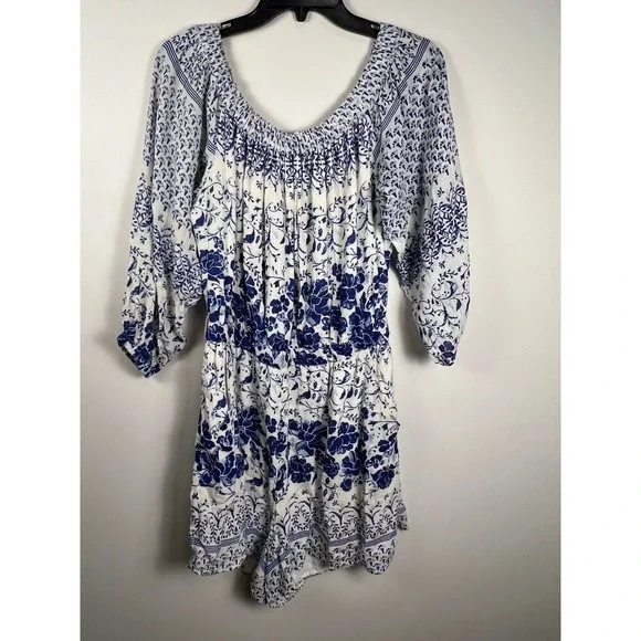 Anthropologie Clemente Blue Floral Off Shoulder Smocked Romper Jumpsuit Women M - Picture 3 of 16